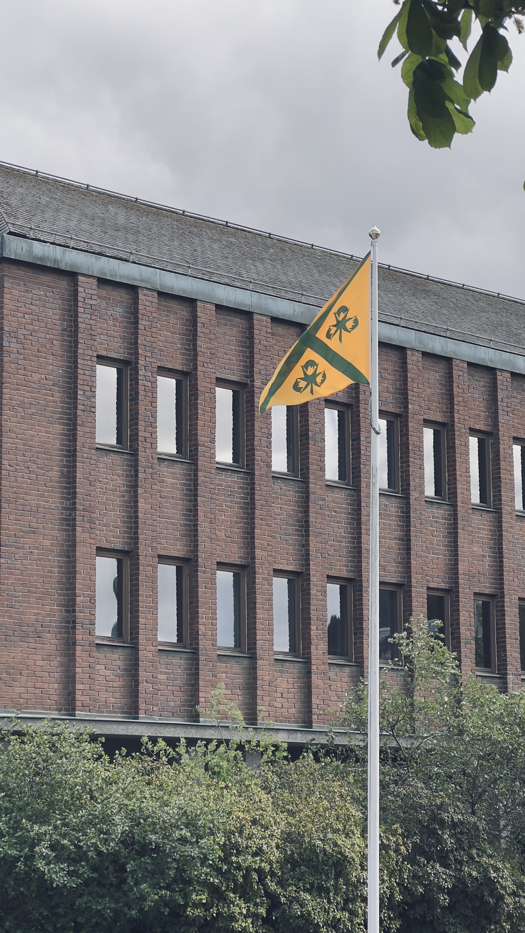 Hässleholms stadshus med kommunflaggan