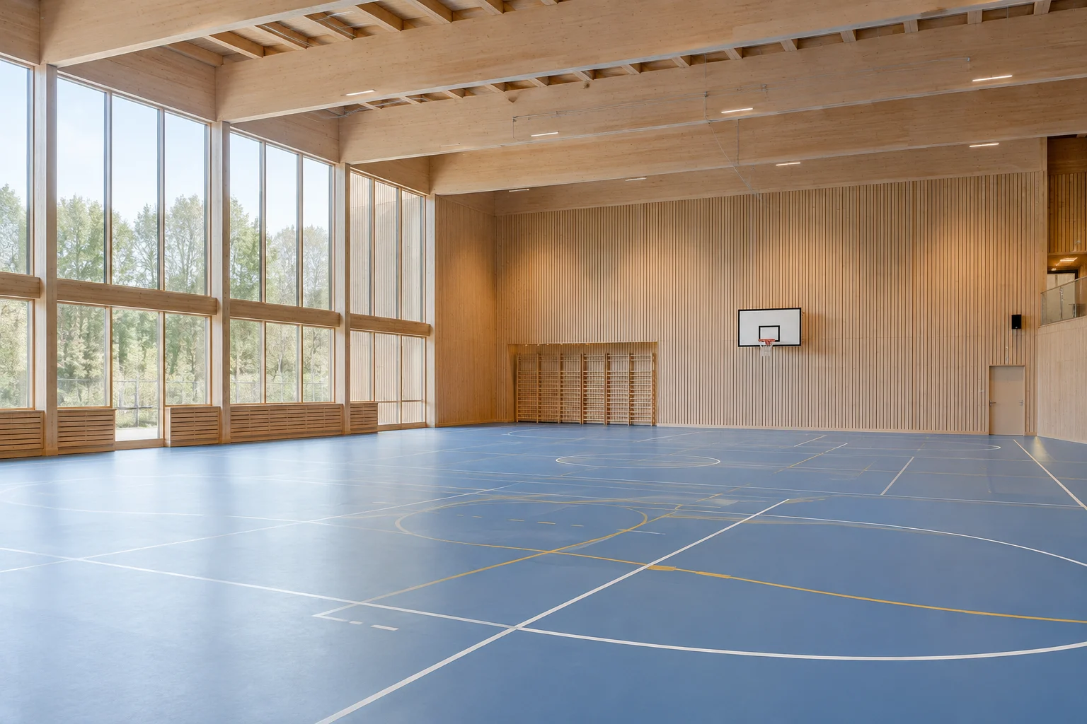 Illustrativ bild av en ljus sporthall med blått golv, AI-genererad